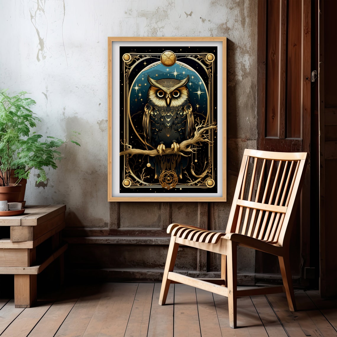 Golden Owl Tarot Card Style Celestial Starry Night Art Poster - Image 3