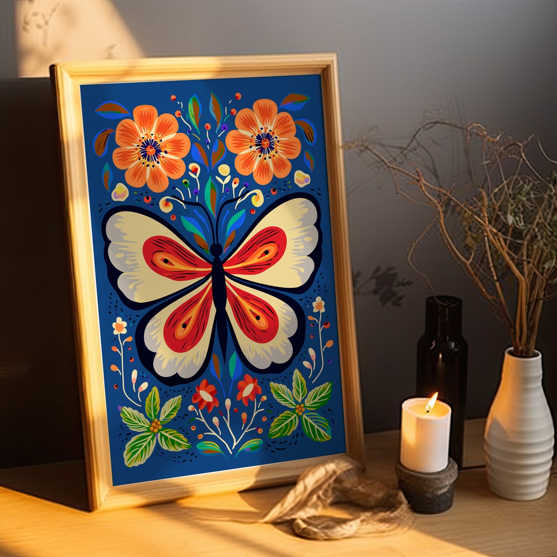 Folk Art Butterfly Colorful Floral Decorative Nature Wall Art - Image 2