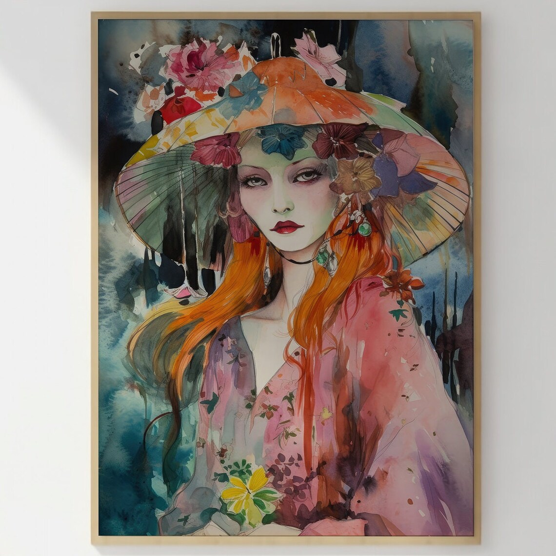 Boho Woman with Floral Hat Watercolor Portrait Aesthetic Wall Art - Image 3