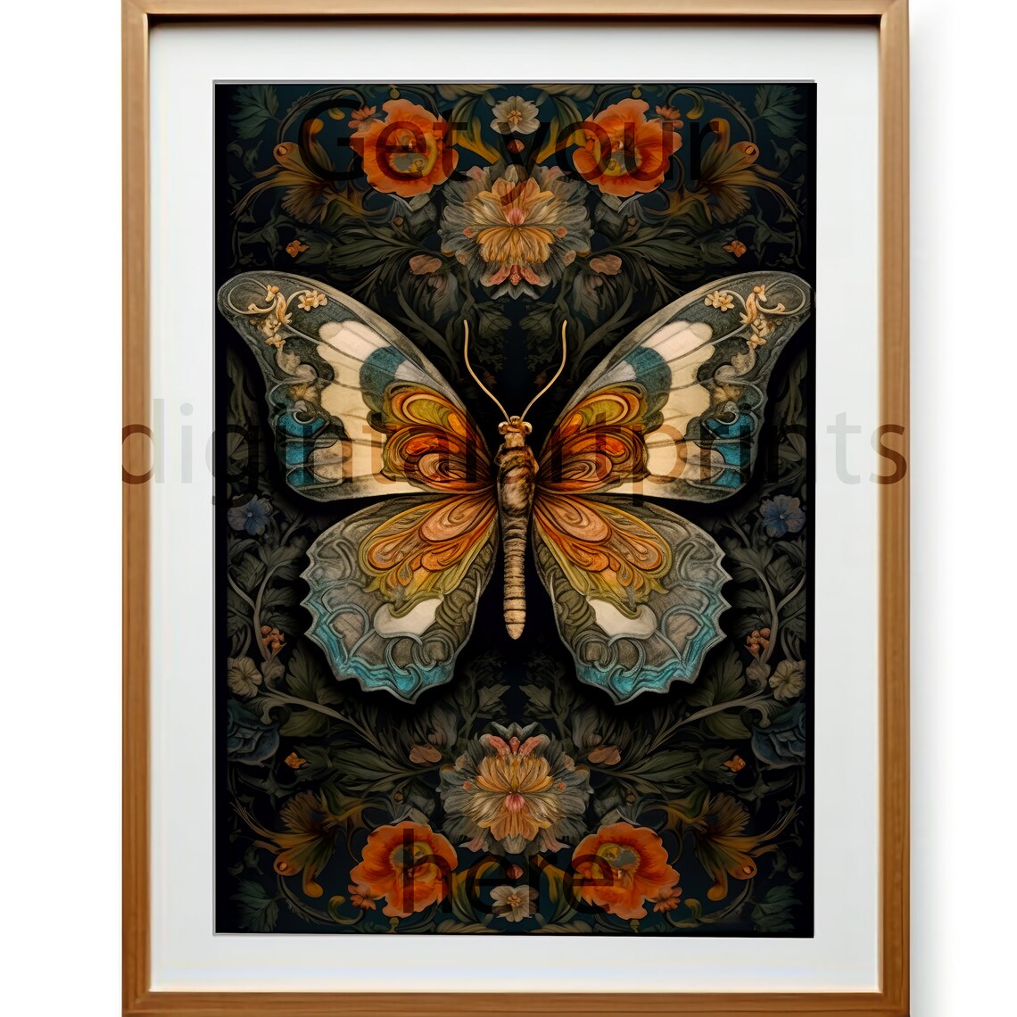 Symmetrical Amber Butterfly Dark Floral Botanical Vintage Poster - Image 2