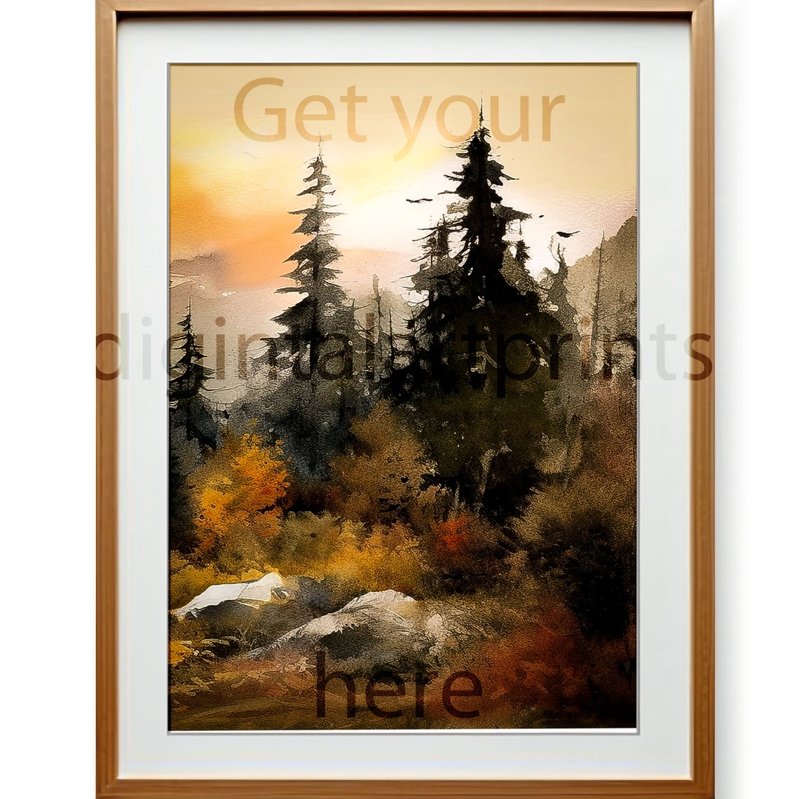 Autumn Pine Forest Watercolor Orange Foliage Flying Birds Wall Art - Image 3