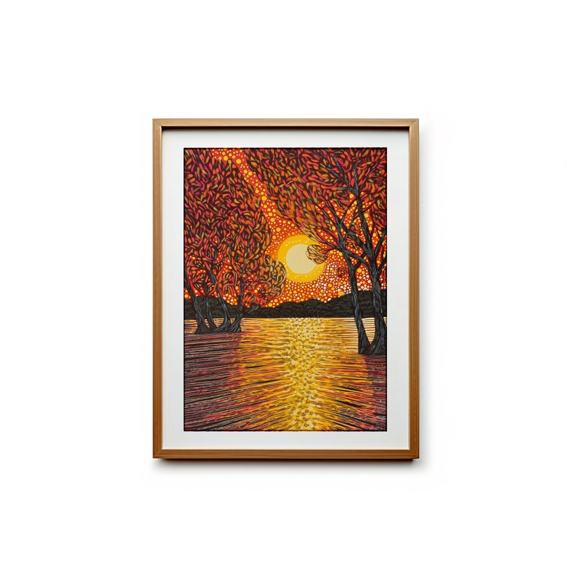 Fiery Orange Sunset Poster over Water with Autumn Trees in Dot Painting - Image 2