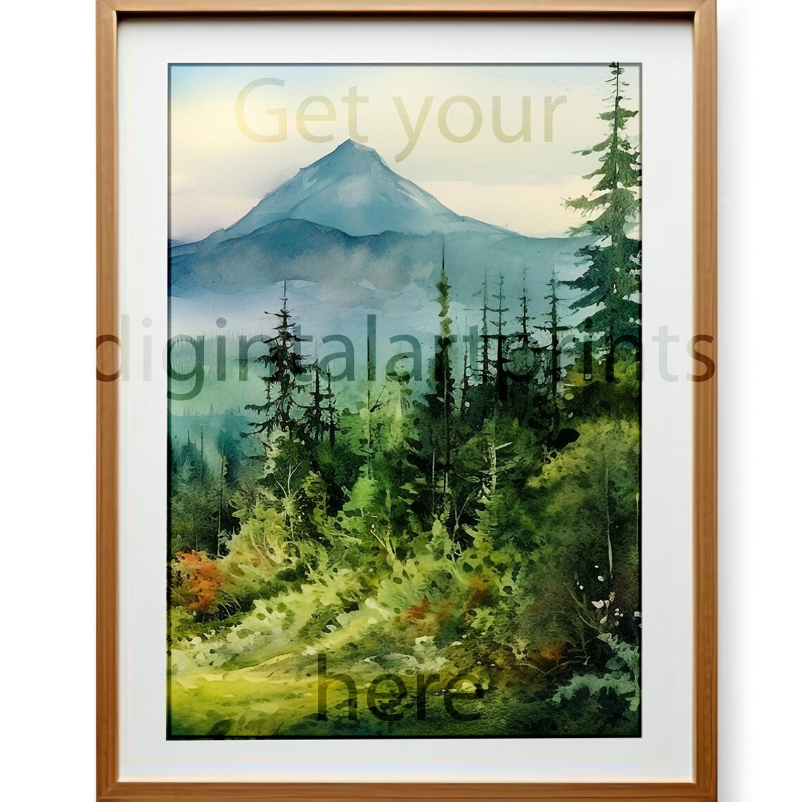 Misty Mountain Pine Forest Green Watercolor Landscape Wall Art - Image 3