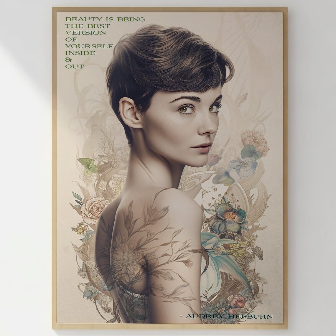 Audrey Hepburn Inspired Beauty Quote Floral Portrait Wall Art - Image 3