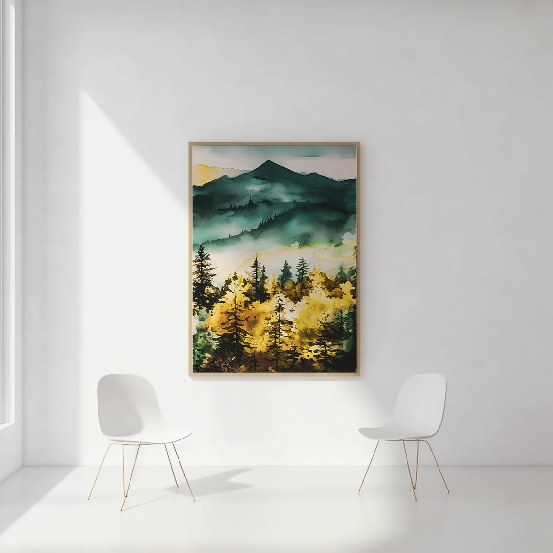 Sunrise Over Pine Forest Watercolor Golden Mist Landscape Art Print - Image 2