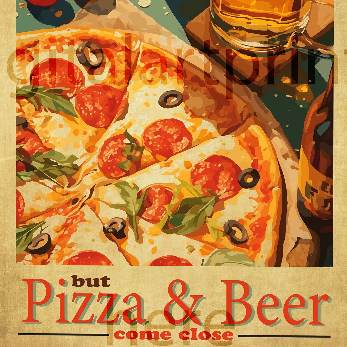 Pizza Beer Wall Art Print Vintage Style Kitchen Decor Foodie Gift Illustration Fun Dining Room Artwork - Image 3