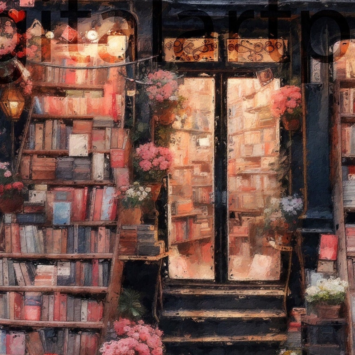 Enchanted New York Bookshop Night Cozy Storefront Scene Wall Art - Image 3