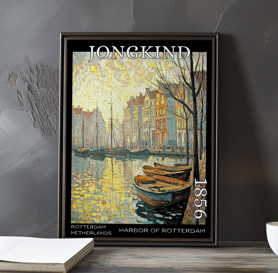 Jongkind Harbor of Rotterdam Rowboats and Waterfront Houses Poster