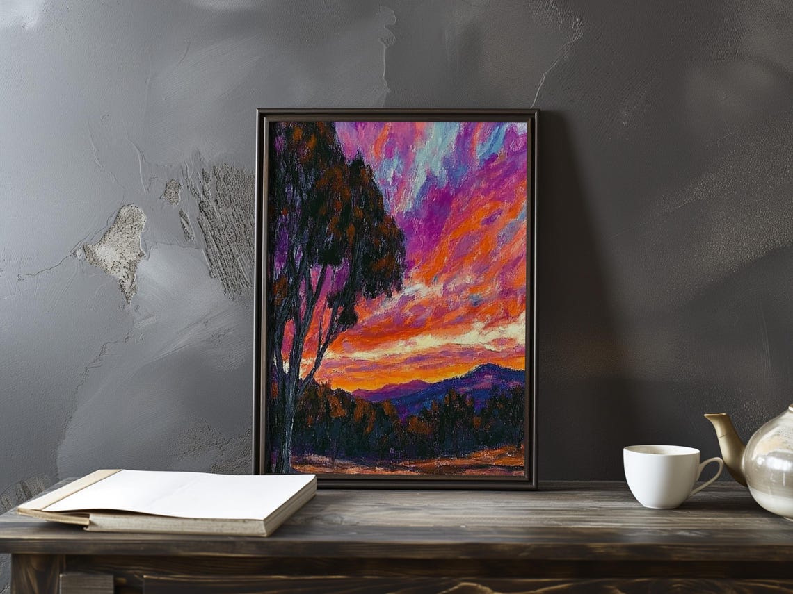 Tall Tree Against a Magenta Sunset Over Mountains Impressionist Poster