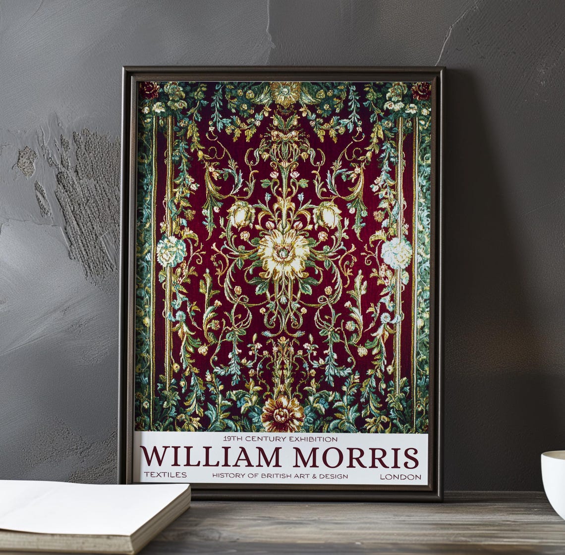 William Morris Regal Burgundy Botanical Textile Exhibition Poster
