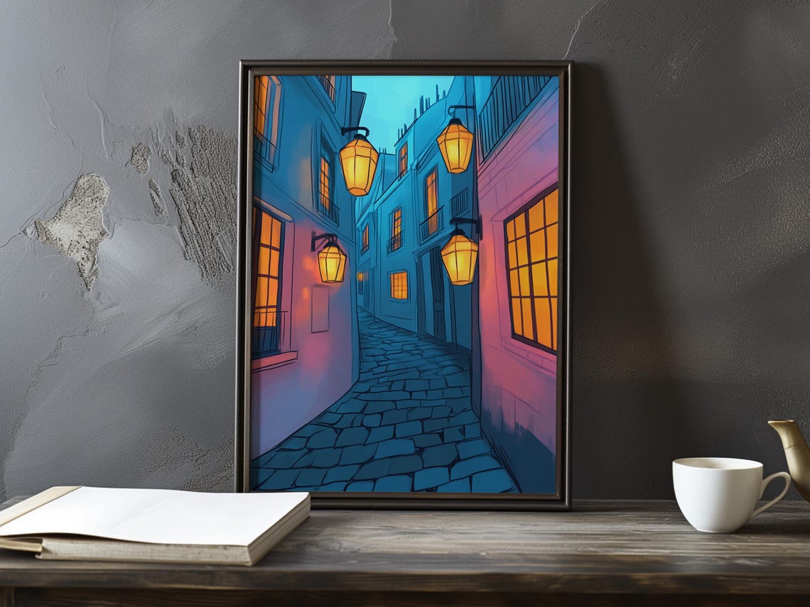 Narrow Cobblestone Alley at Dusk Blue and Pink Lantern Light Poster