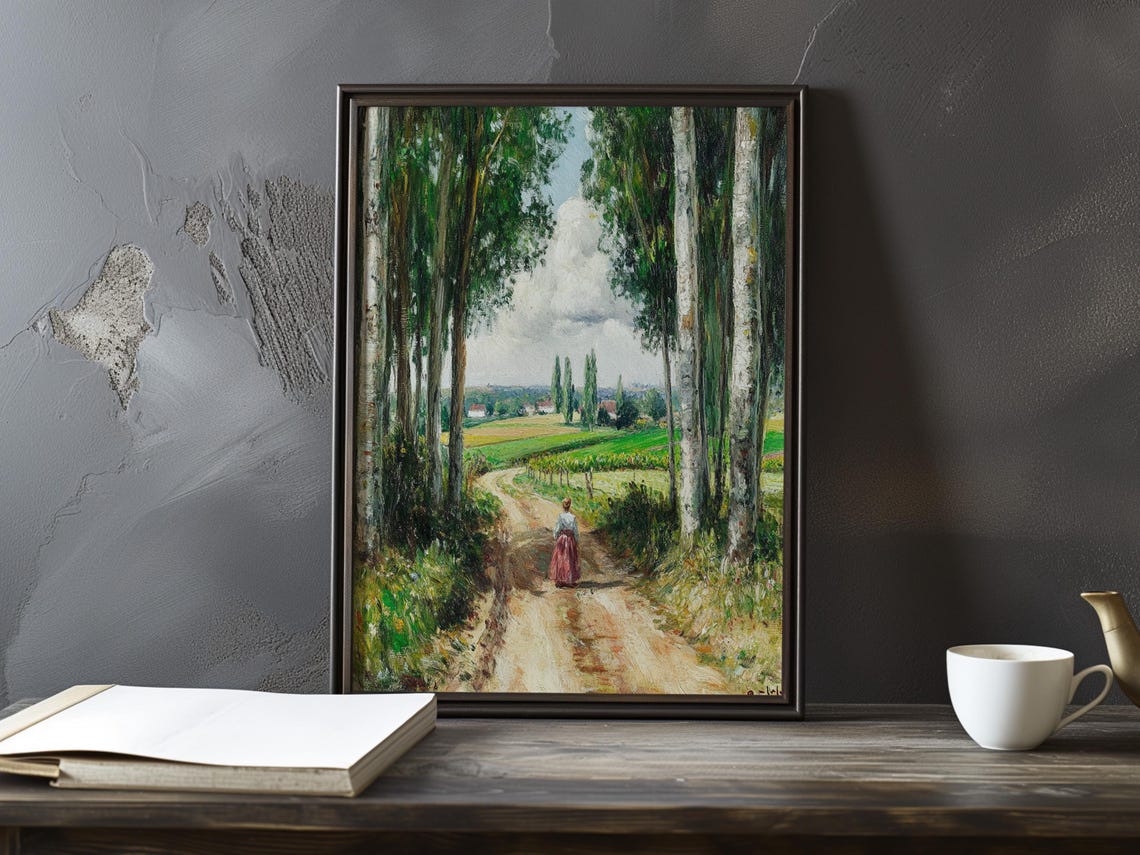Lone Figure on a Dirt Road Between Tall Poplar Trees Painting Poster