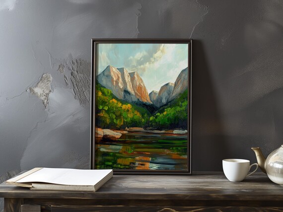 Cezanne-Inspired Pale Peaks Reflected in a Dark Still Lake Poster