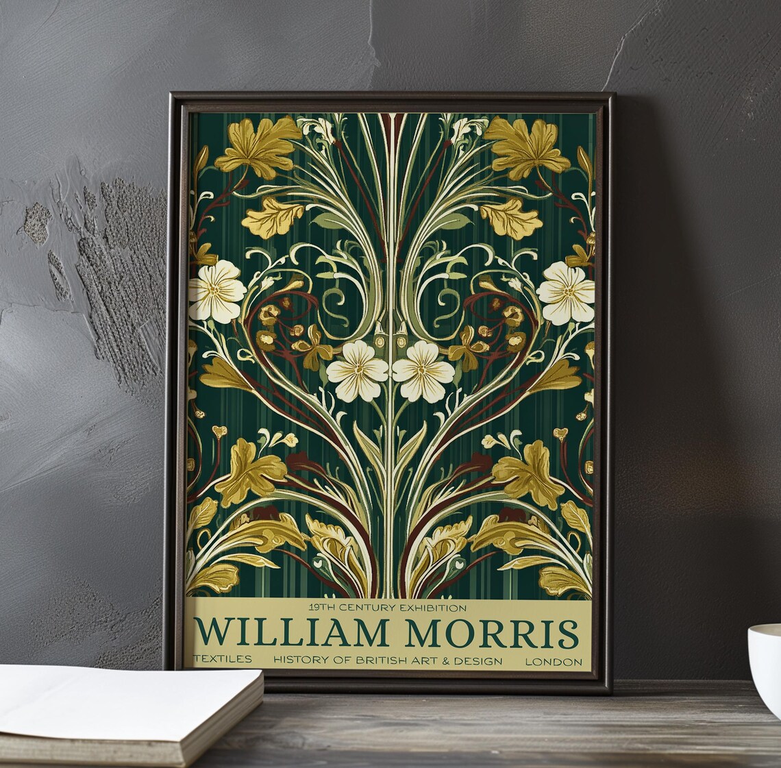 William Morris Symmetrical Golden Leaves on Striped Dark Green Poster