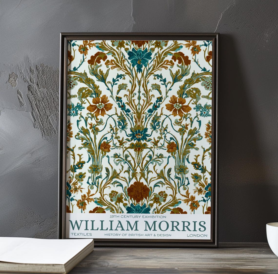 William Morris Pale Blue Rust Floral Damask Textile Art Poster