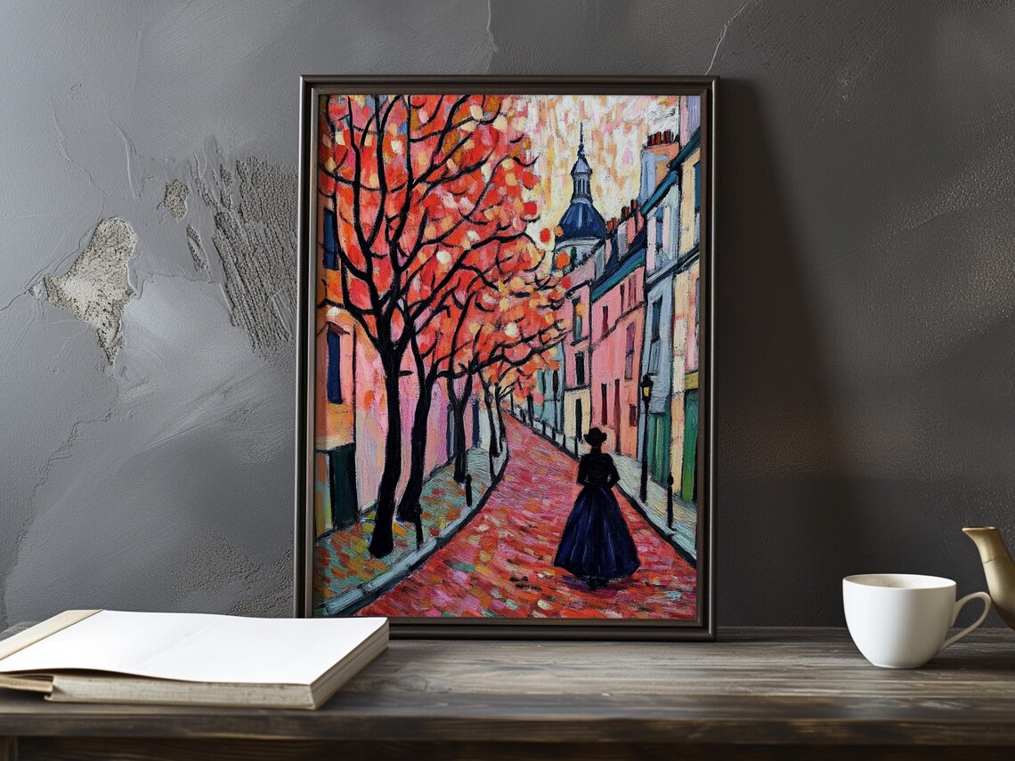 Woman Walking a Scarlet Autumn Street Beneath a Parisian Dome Poster
