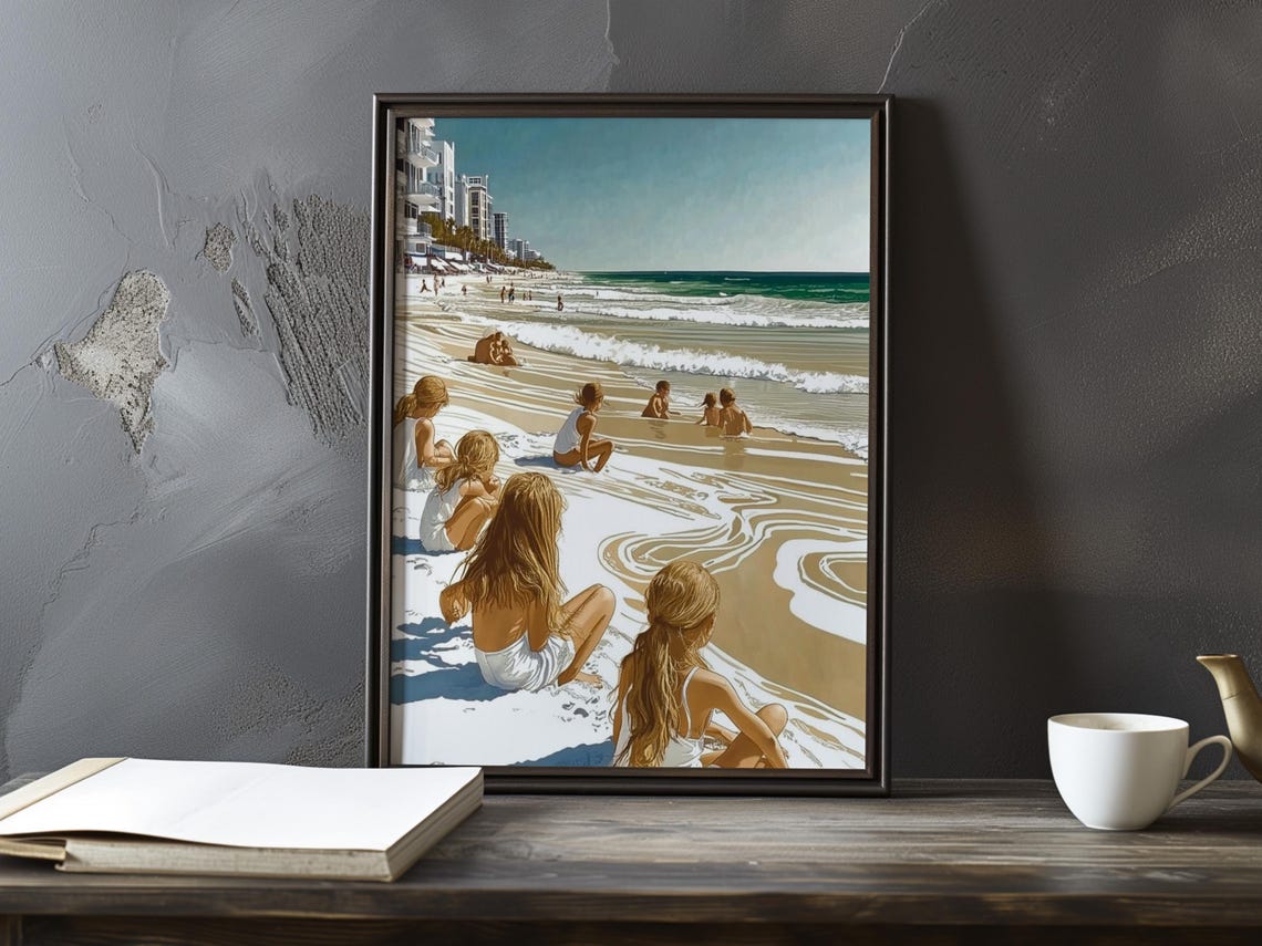 Children Sitting On A City Beach Watching The Ocean Surf Poster