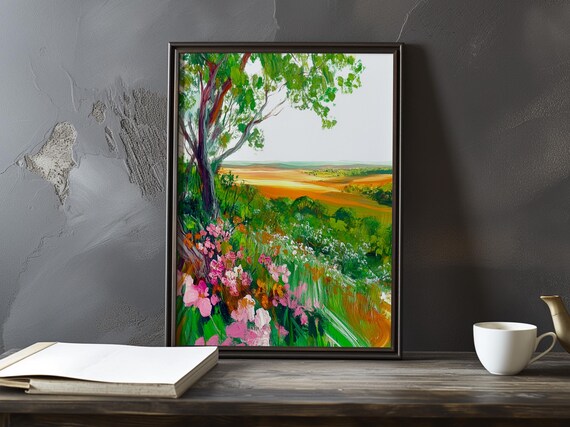Pink Wildflowers Blooming Beside a Leaning Tree in Spring Poster