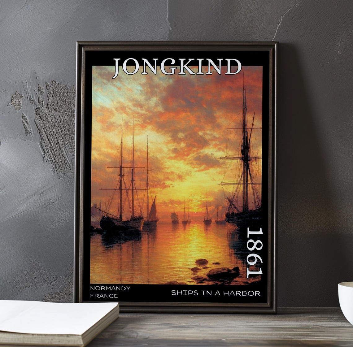Jongkind Ships in a Harbor Tall Sailing Ships at Fiery Sunset Poster