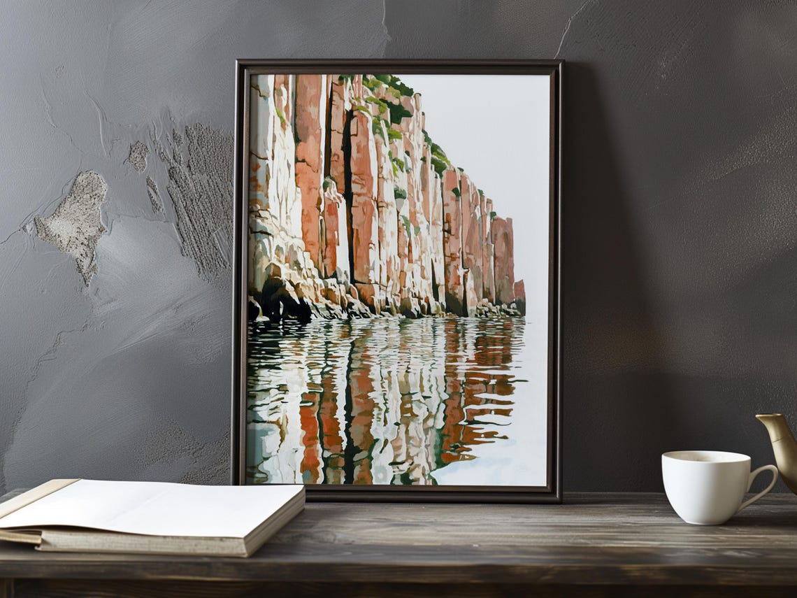 Pale Cliff Columns Reflected Perfectly in Mirror Calm Water Poster