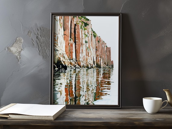 Pale Cliff Columns Reflected Perfectly in Mirror Calm Water Poster