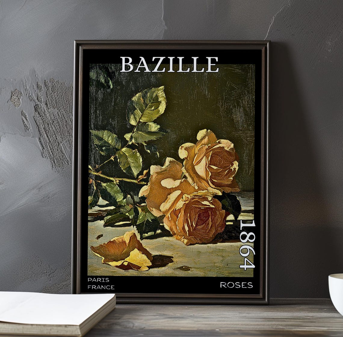 Bazille Roses 1864 Golden Roses Resting on Table with Petals Poster