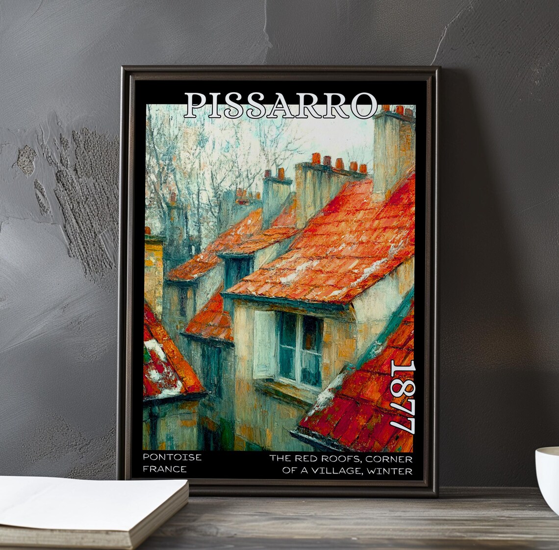 Pissarro 1877 Red Roofs Tall Chimneys Snow Village Houses Poster