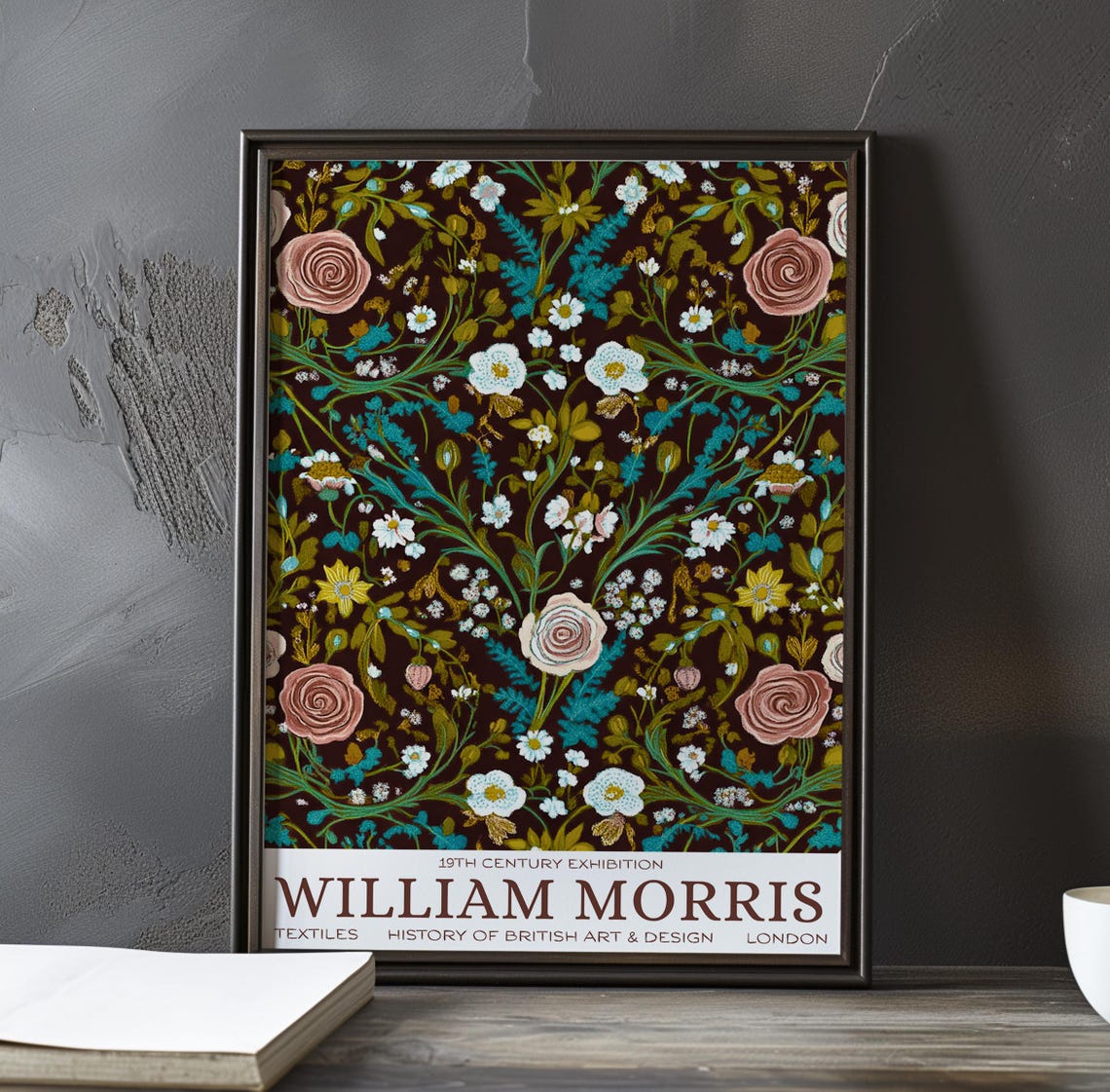 William Morris Roses and Daisies Textile Pattern Dark Brown Poster
