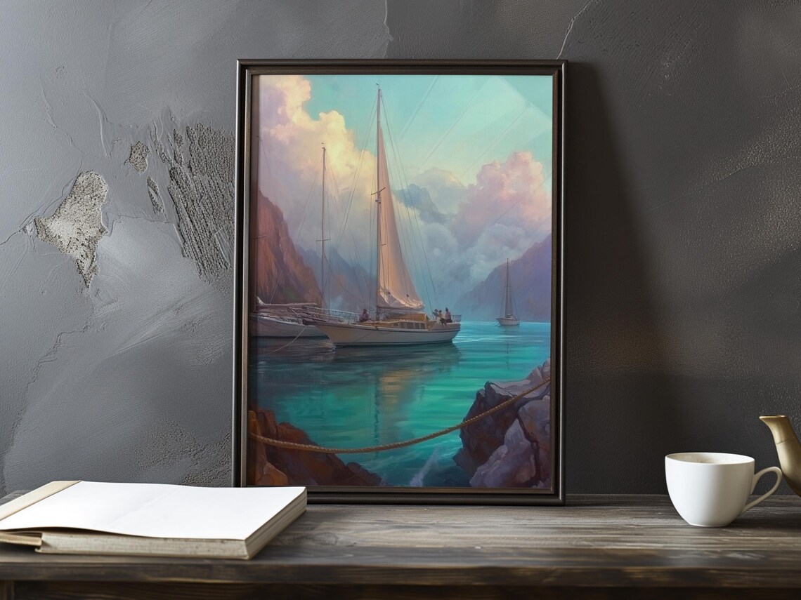 Tall Sailboat Gliding Between Rocky Cliffs at Dusk Painting Poster