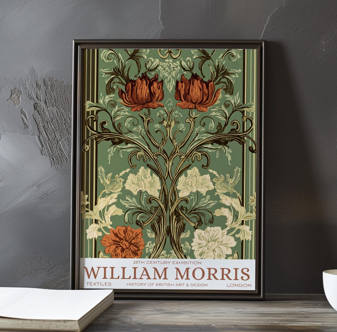 William Morris Rust Tulip Blooms Sage Green Striped Textile Poster