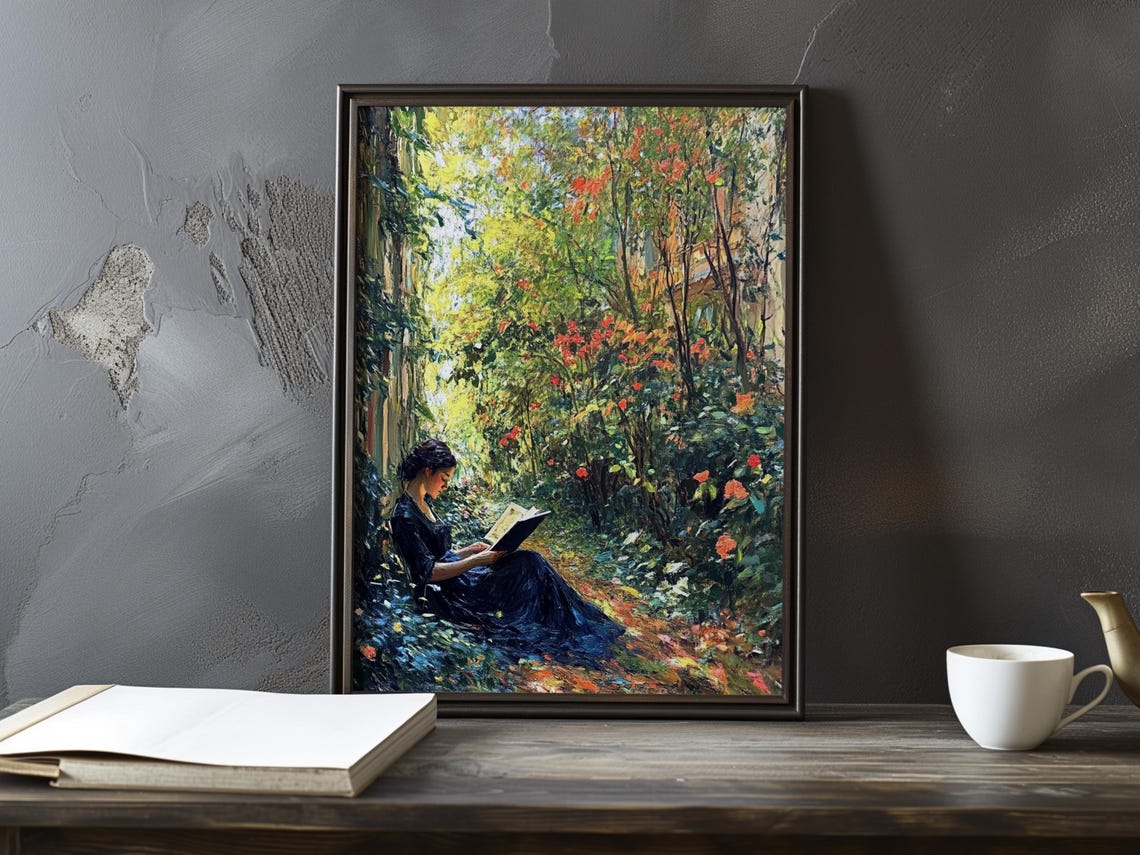 Woman Reading A Book Among Orange Blossoms In A Garden Poster