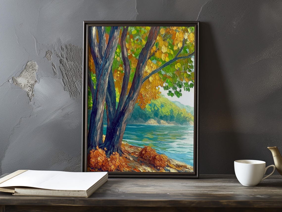 Leaning Trees With Golden Canopy Over Turquoise Water Painting Poster