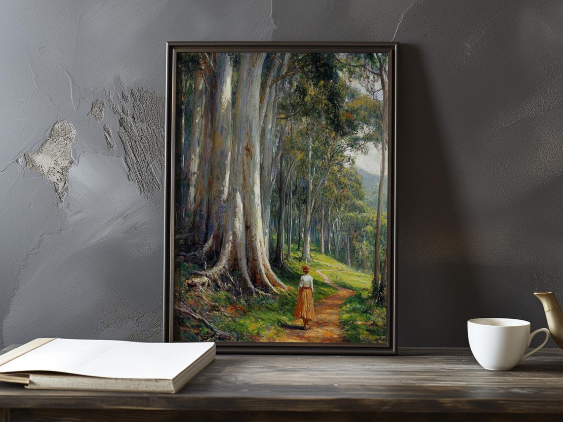 Woman Walking a Sunlit Path Through Tall Pale Forest Trees Poster