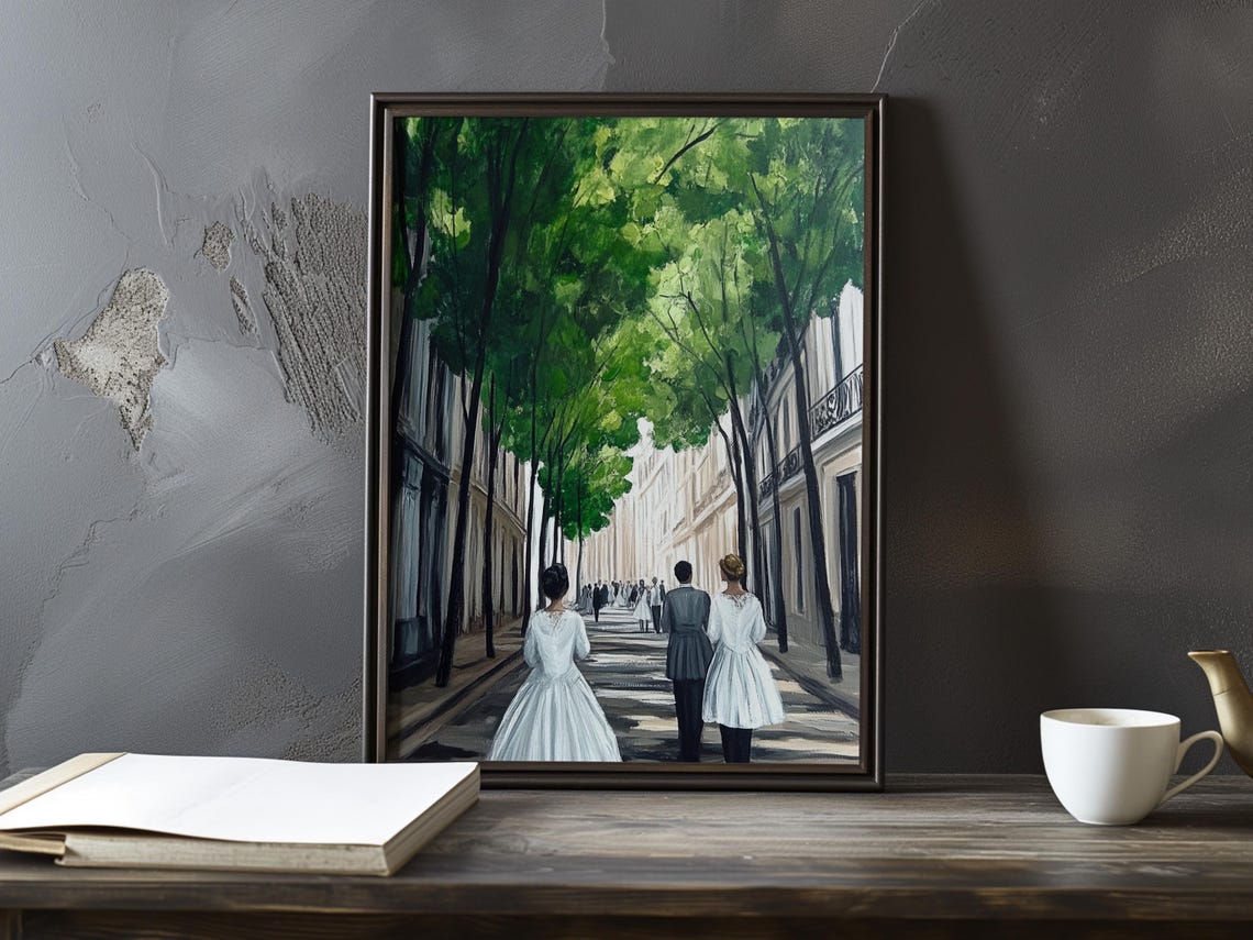 Three Figures Walking a Dappled Tree Lined Paris Boulevard Poster