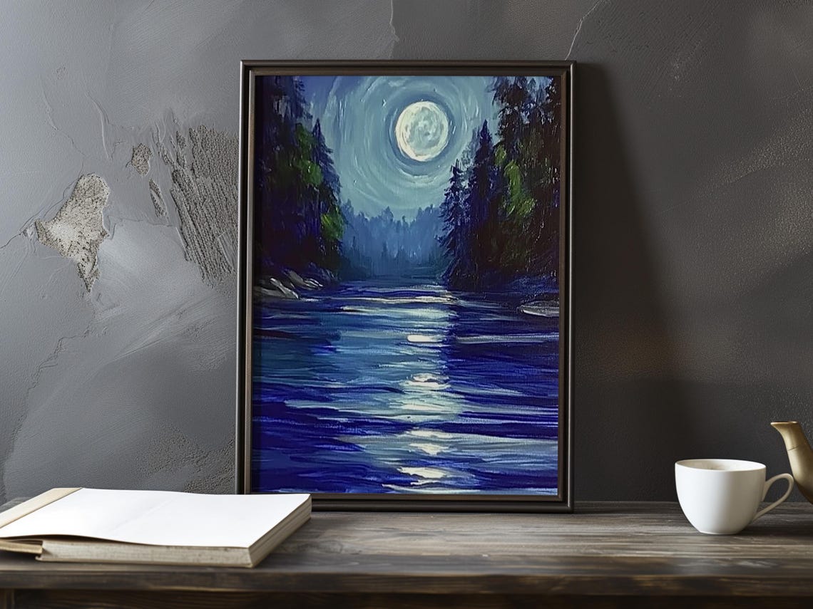 Moonlit Lake with Full Moon Reflection in Deep Blue Night Poster