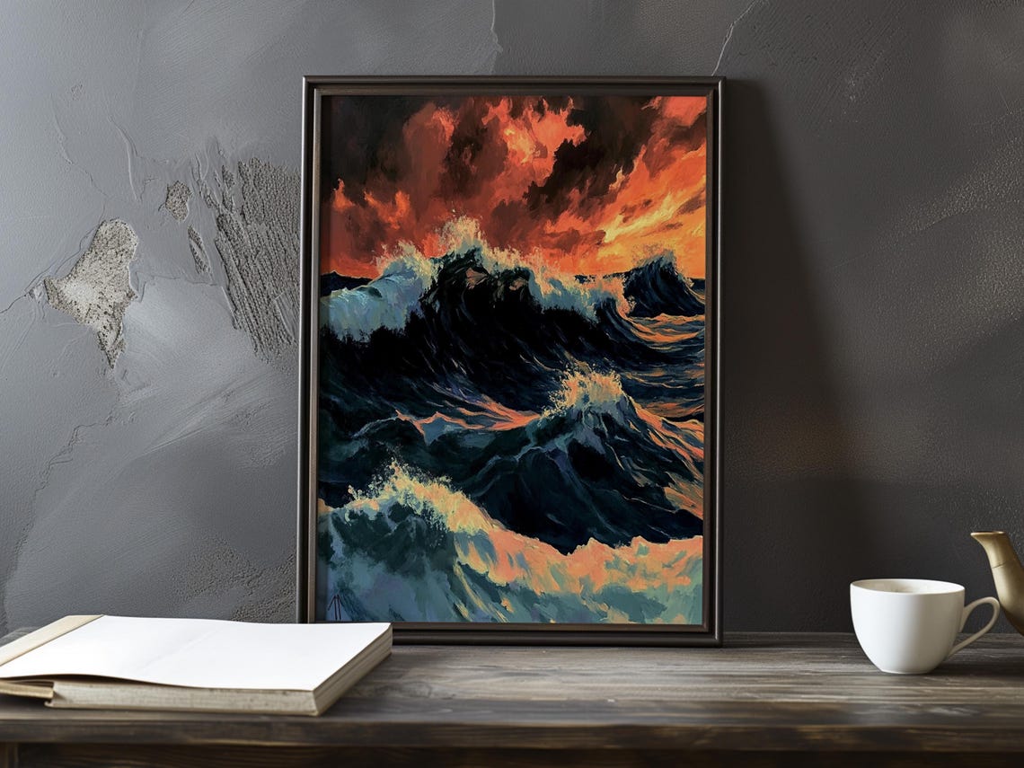 Fiery Sunset Storm Clouds Over Dark Churning Ocean Waves Art Poster