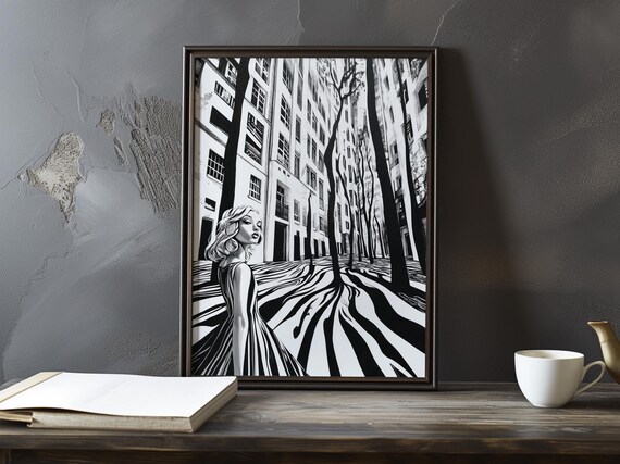 Black and White Woman in a Long Dress on a Shadowed Street Poster