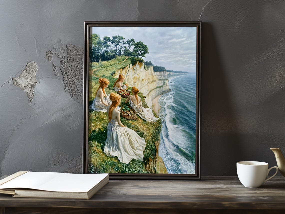 Victorian Ladies Picnic on White Chalk Cliffs Impressionist Poster