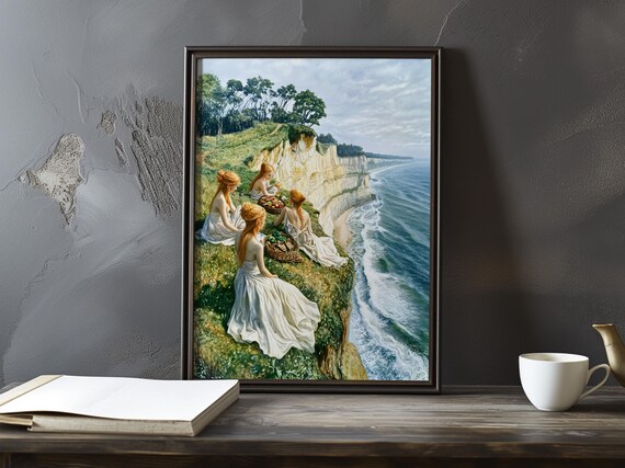 Victorian Ladies Picnic on White Chalk Cliffs Impressionist Poster