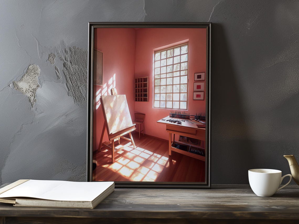 Rose Tinted Artist Studio Interior with Easel and Tall Window Poster