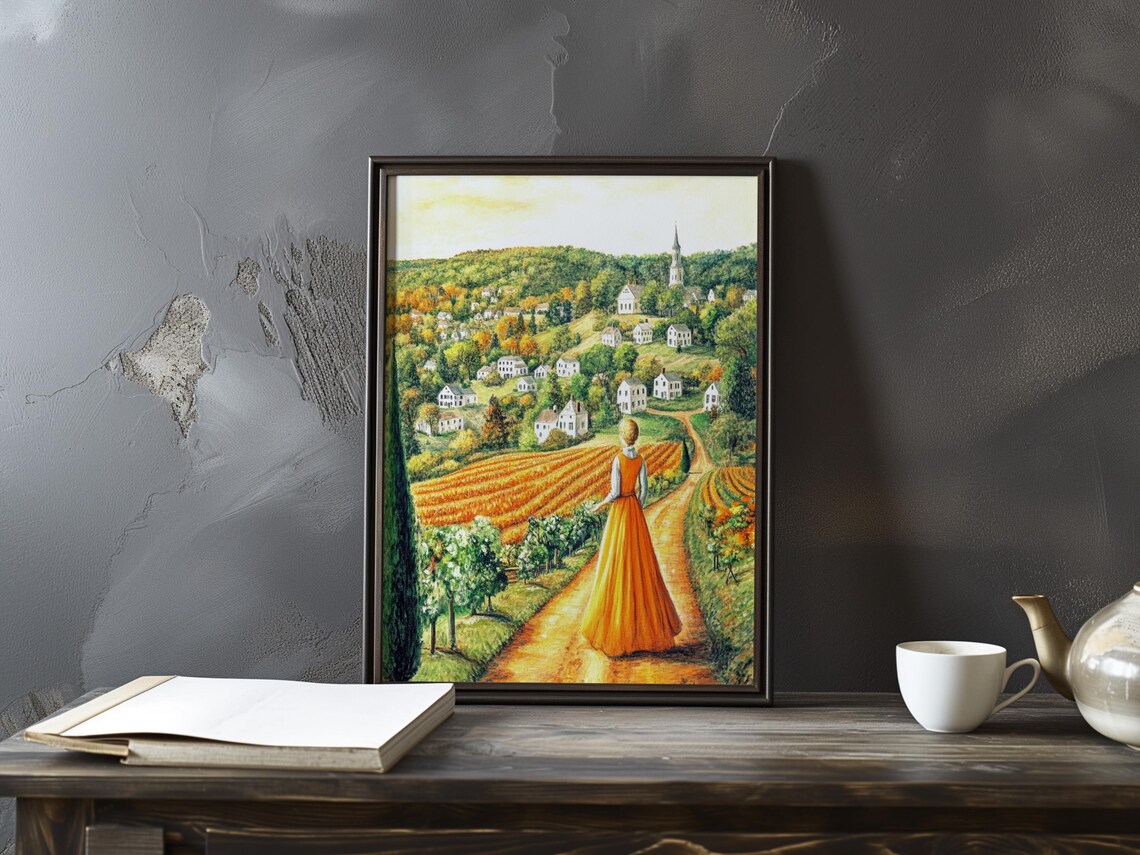 Woman in Orange Dress Walking to a Hilltop Village Art Poster