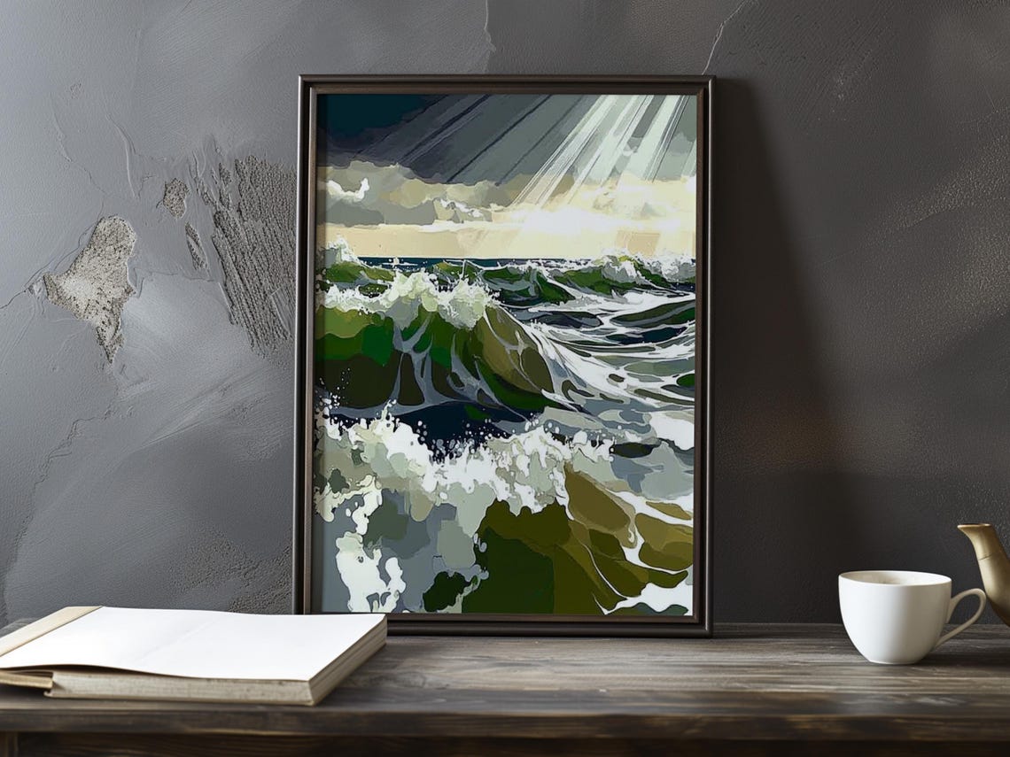 Stylized Ocean Waves with Sunlight Breaking through Clouds Poster