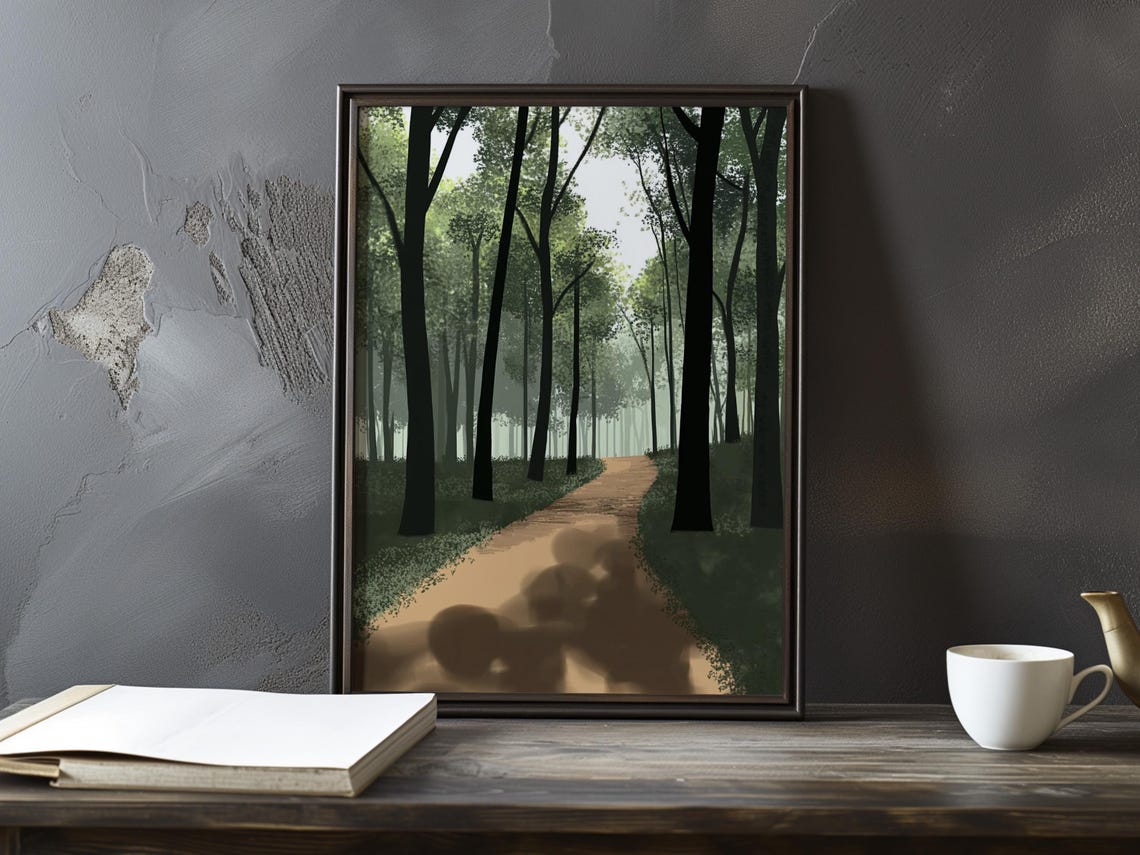 Sun-Dappled Dirt Path Winding Through Tall Forest Trees Poster