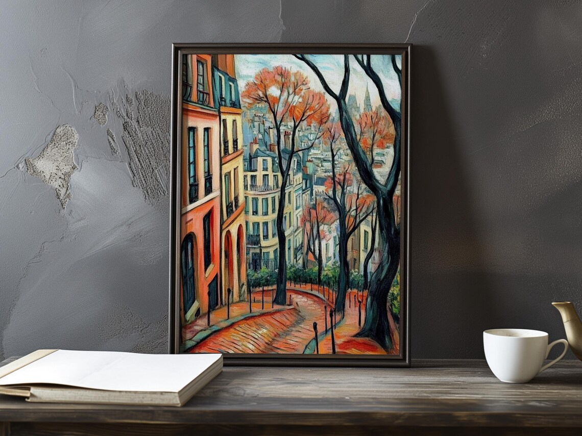 Winding Montmartre Street Framed by Fiery Autumn Trees Poster