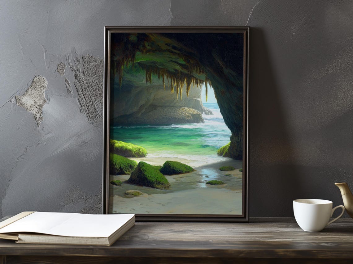 Moss Covered Sea Grotto with Turquoise Water Impressionist Poster
