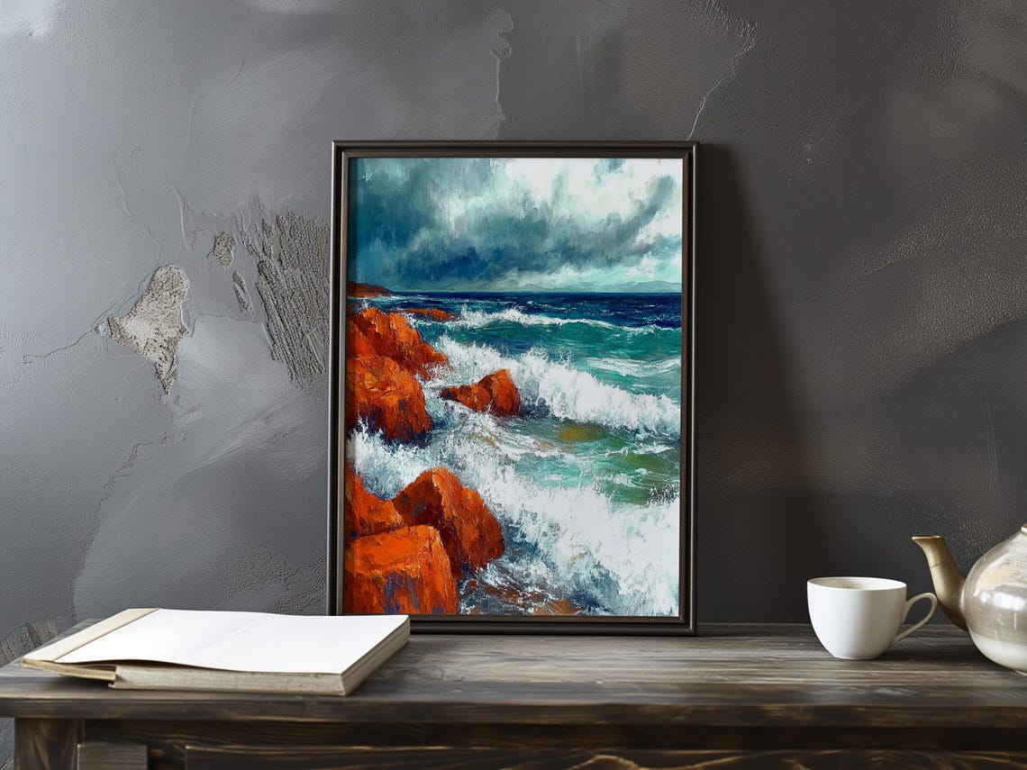Dark Storm Clouds Over Red Rocks and Rolling Breakers Seascape Poster