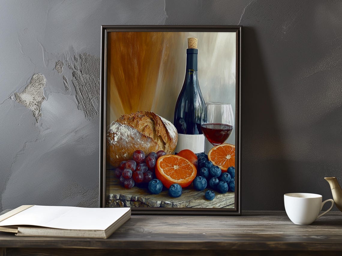 Dark Wine Bottle With Bread Red Berries And Sliced Orange Poster
