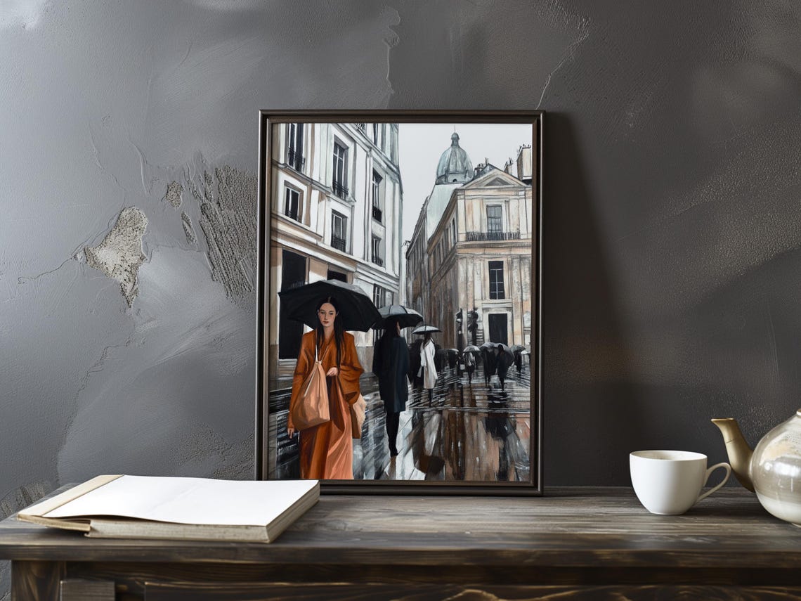 Rainy Paris Street With Umbrellas Impressionist Scene Art Poster