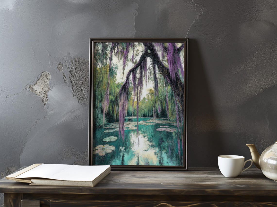 Monet Inspired Water Lilies Pond with Hanging Wisteria Poster