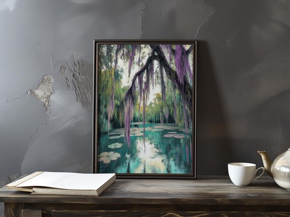 Monet Inspired Water Lilies Pond with Hanging Wisteria Poster